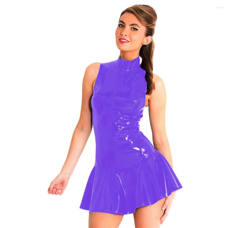 

Casual Dresses Fashion Wet Look PVC Leather Turtleneck Mini Dress Sexy Womens Clubwear Sleeveless Zip Bottom Flare Bodycon, Black
