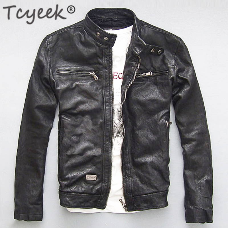 

Men's Leather Faux Tcyeek Genuine Jacket Men Real Sheep Goat Black Brown Male Bomber Motorcycle Jackets Spring Autumn Mens Clothes L1 221201