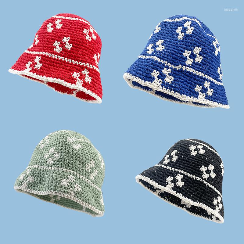 

Berets Small Flower Bucket Hat Women Hand Crochet Japanese Design Knitted Winter Beanie Outdoor Wool Warm Tide Caps For Girls, Red