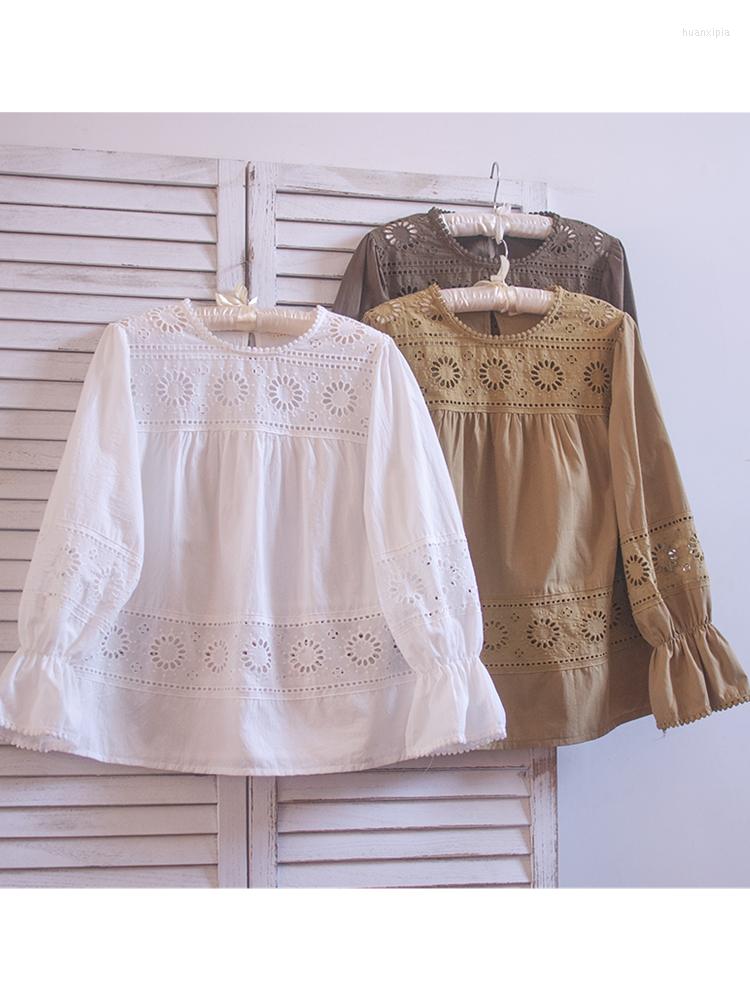 

Women's Blouses Lamtrip Sunflower Hollow Out Embroider Ruffles Lolita Long Sleeve Cotton Shirt Blouse, Beige