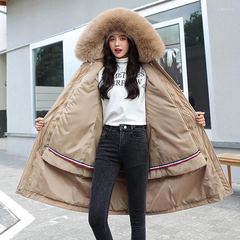 

Women's Trench Coats Overcoat Parka Women Detachable Padded Jacket Mid-Length Loose Thick Winter Cotton Coat Female Hooded Fur Collar, Creamy-white