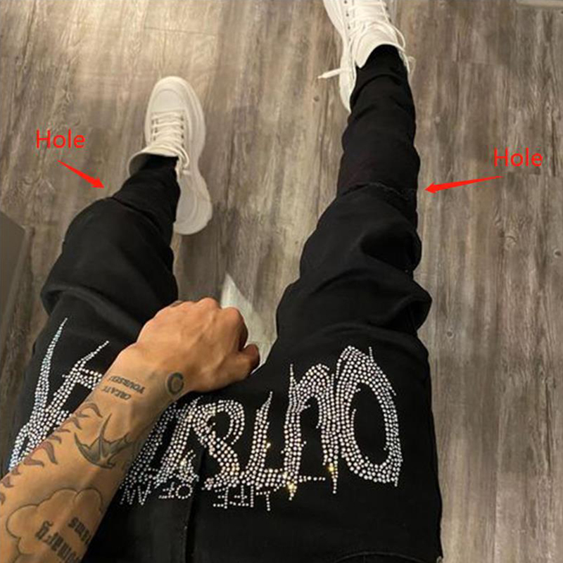 

Men's Jeans Men Stretch Destroyed Hole Taped Slim Fit Black Biker Trousers Ripped Skinny Drill Street Punk Denim Pencil Pants 221202, Tz001-black