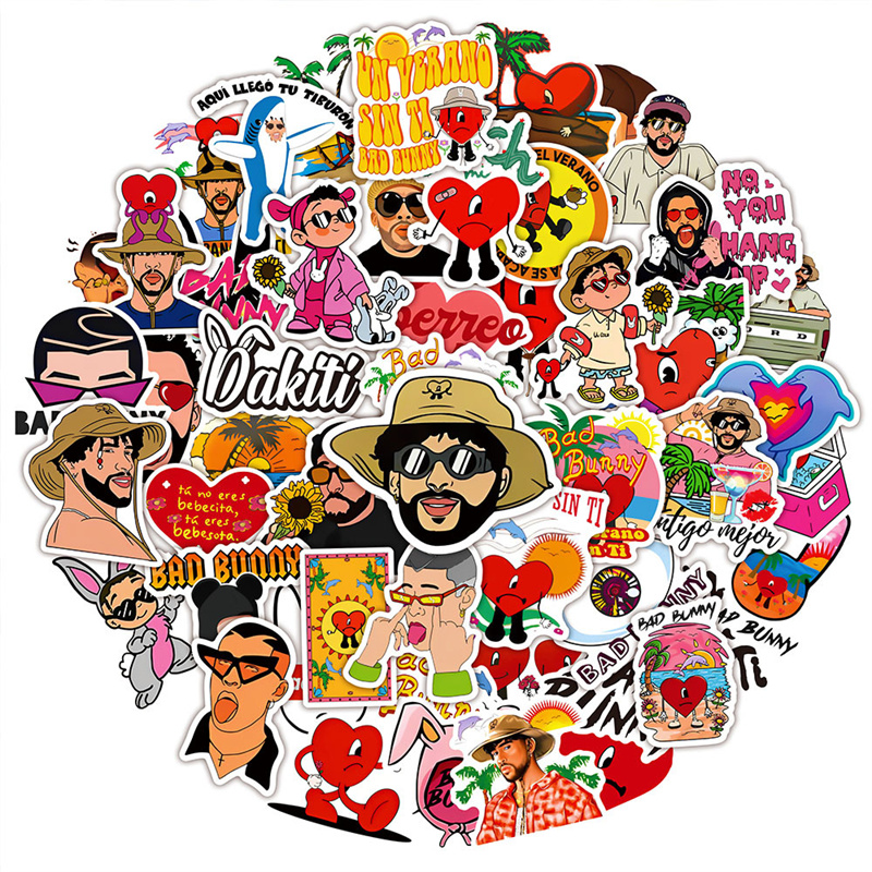

50PCS/pack Singer Bad Bouny Cartoon Vinyl Stickers Book Laptop Guitar Motorcycle Luggage Skateboard DIY Decorative Decal, Multi colors