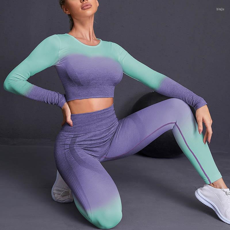 

Active Sets 2022 Seamless Yoga Set Women Slim High Waist Leggings Sports Suits 2 Piece Gym Clothes For, Gradient pink