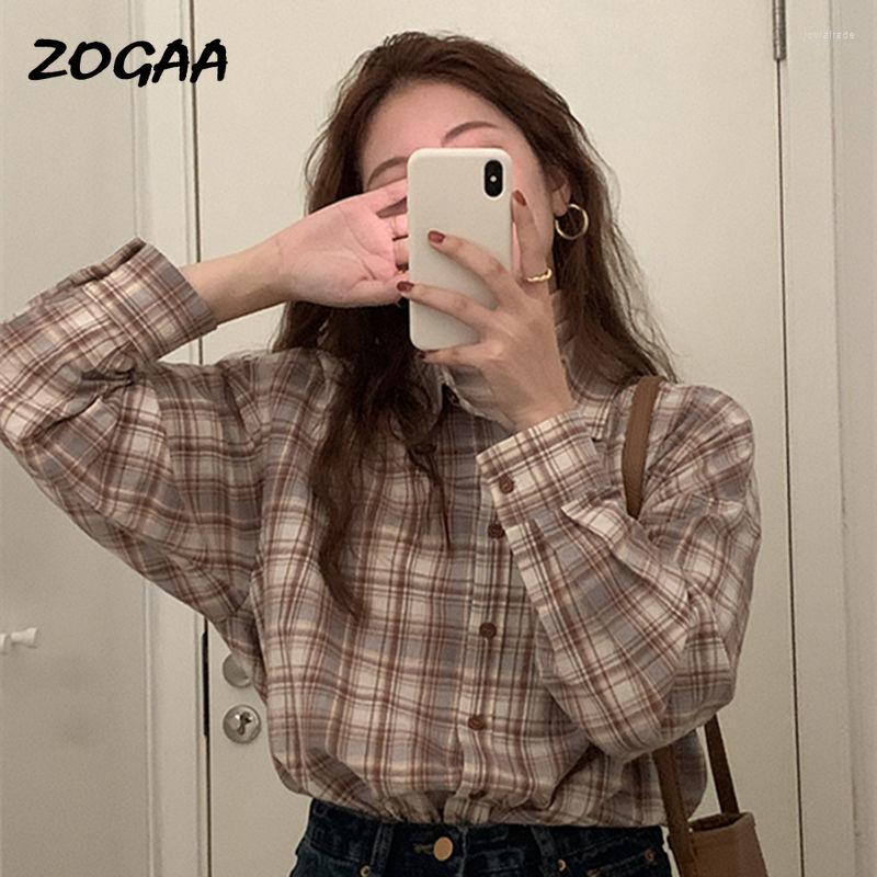 

Women' Blouses ZOGAA Women Shirts Plaid Turn-down Collar Korean Style Fashion Leisure Retro Street Wear Comfortable Chic Loose Ulzzang, Khaki