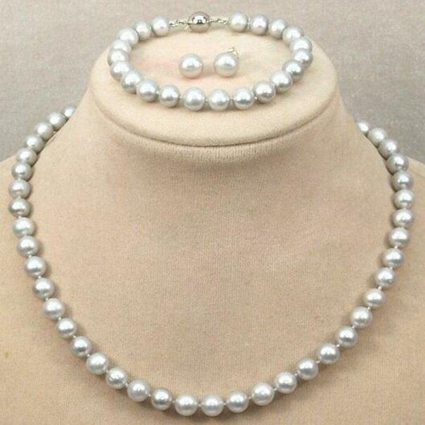 

Genuine 7-8mm Gray Freshwater Pearl Necklace Bracelet Earrings Set 18''
