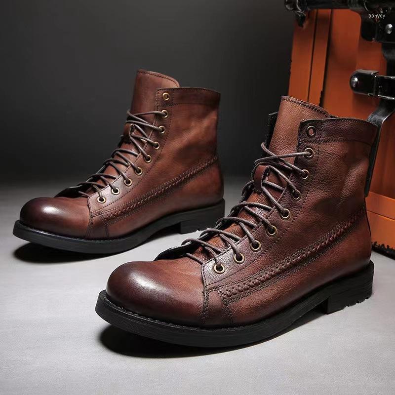 

Boots Men Vintage Motorcycle Cowboy Ankle Lace-Up Knight Tooling Man European And Male Western Sports Work Safe Shoe, Brown