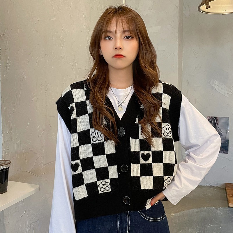 

Women's Vests Checkerboard Plaid Sweater For Women Vintage Print Knitted Mini Casual Streetwear Harajuku Clothing Autumn Top 221201, Ka3374b