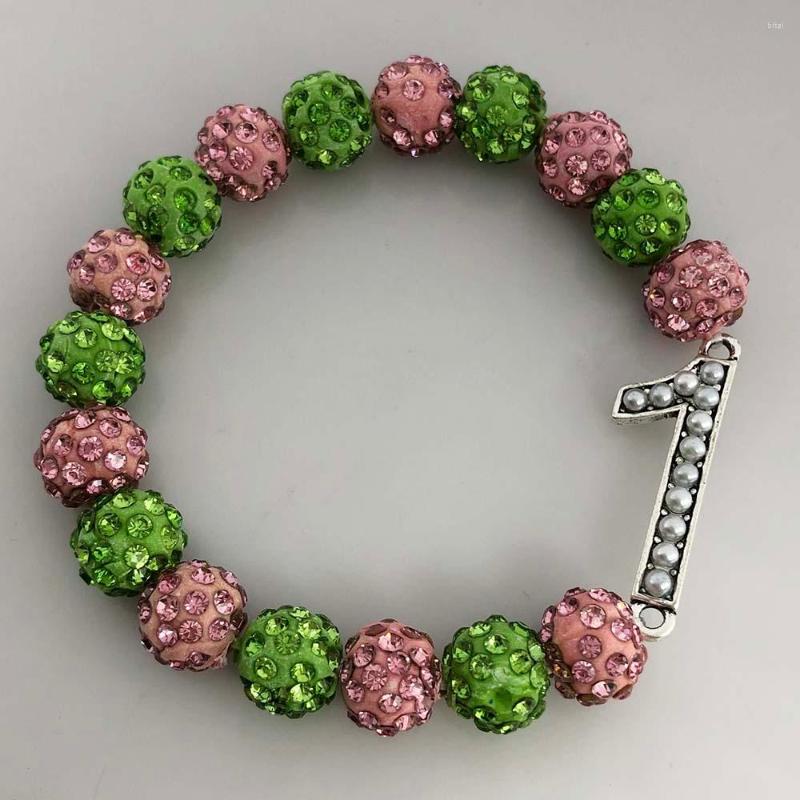 

Strand Greek Sorority Pink Green Disco Ball Elastic Number Rhinestone Charm Bracelet Jewelry