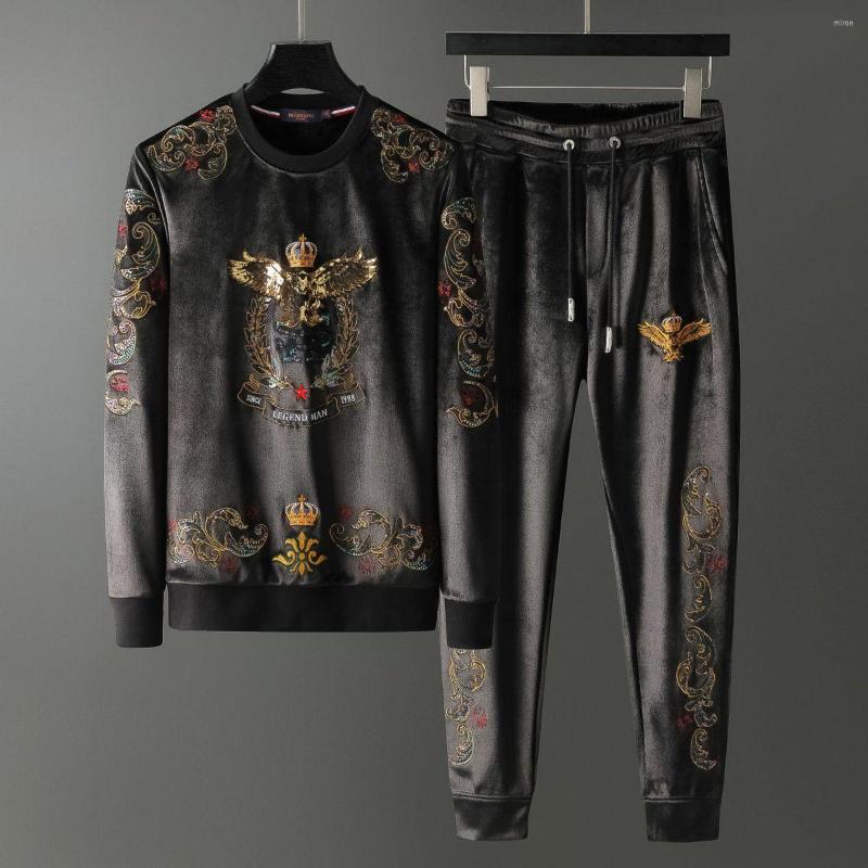 

Men's Tracksuits Gold Velvet Casual Sports Suit Men's Winter Trend Handsome Plus Thickened Round Neck Sweater Pants Tide Two-piece, Blue