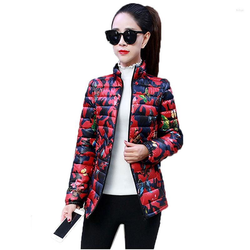 

Women's Trench Coats Women's Down Cotton Jacket Autumn Winter Coat Short Printing Light Thin Female Outerwear Manteau Femme 6XL C117, Red bottom floral