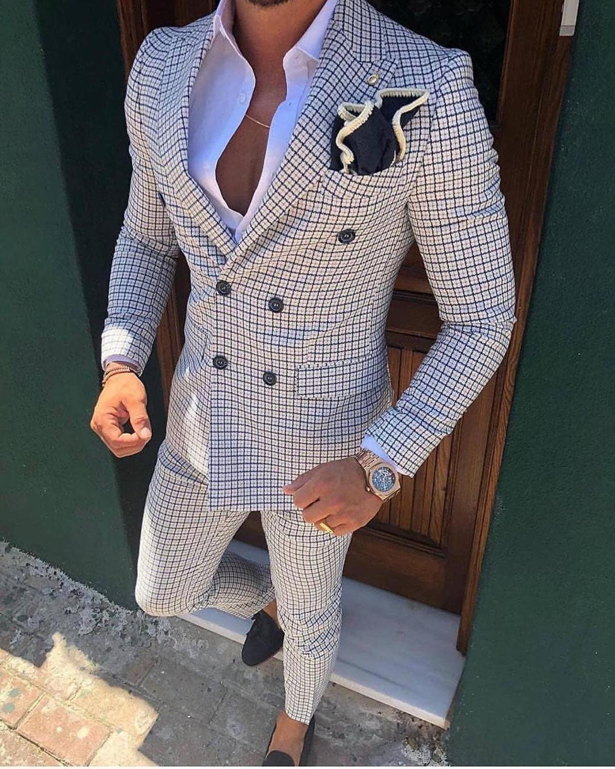 

Men's Suits Blazers 2 Pieces Business Double Breasted Regular Fit Notch Lapel Plaid Wool Prom Tuxedos For Wedding BlazerPants 221201, Teal blue