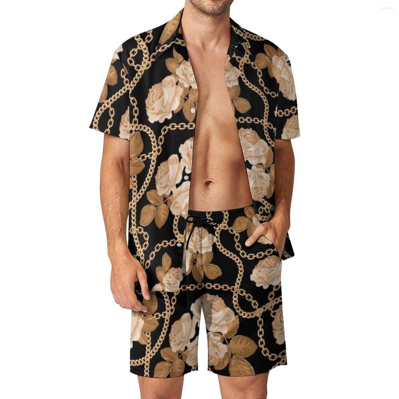 

Men's Tracksuits Gold Chain Print Men Sets Rose Flower Casual Shorts Vacation Shirt Set Summer Trending Suit Short Sleeves Plus Size, Style-5