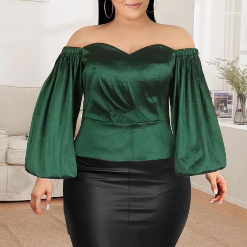 

Women's Blouses Women's & Shirts Europe America African Fashion Sexy Breast Wrap Puff Sleeve Slim Solid Color Blouse One Shoulder Green