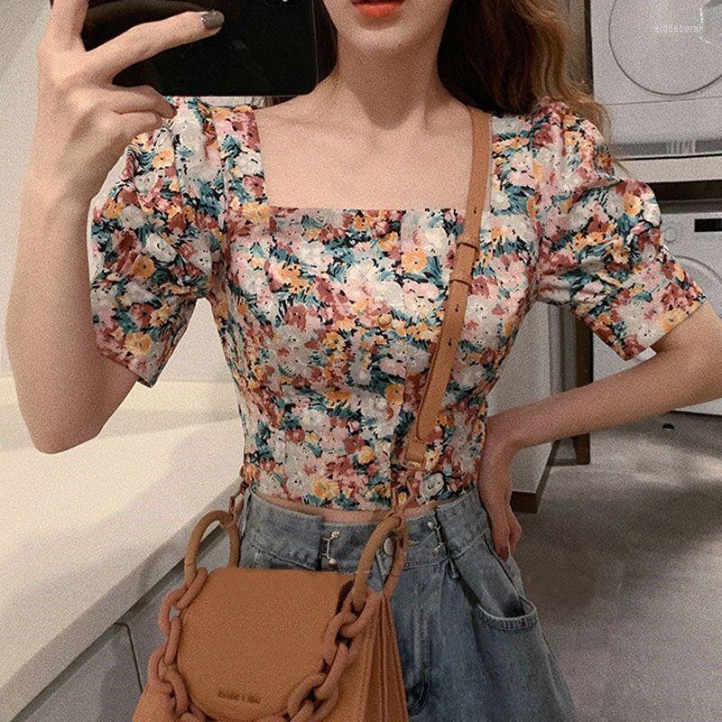

Women' Blouses Vintage Puff Slevee Floral Blouse Summer Square Collar Women Short Designer Tops Spring Casual One-Piece Clothing Ladies, Beige