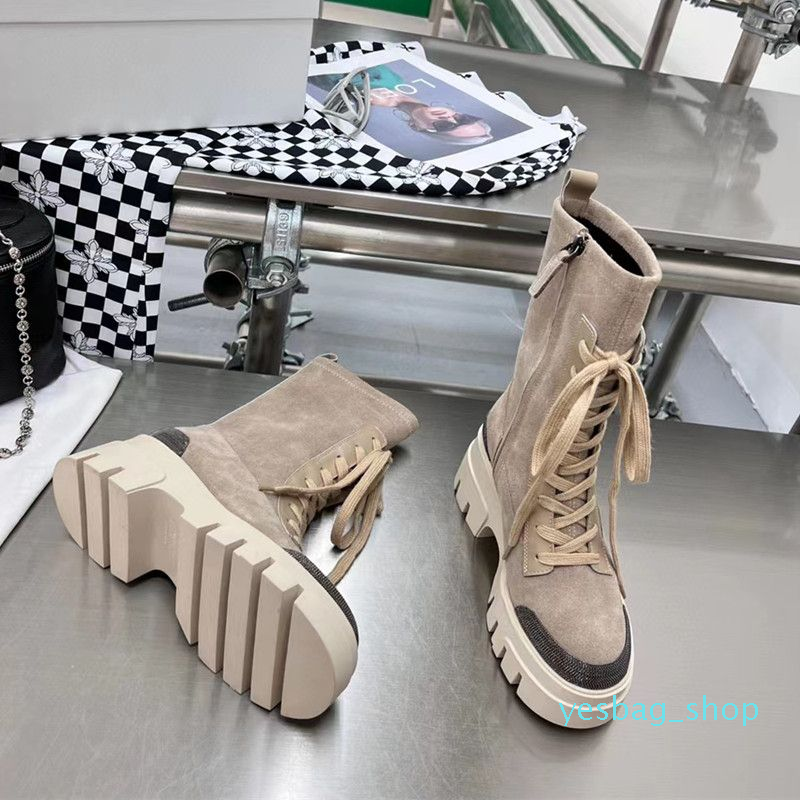 Brunello Cucinelli Chelsea Boots Women Round Toe 55 Cashmere Metal Elastic Design Slip On Half Booties Ankle Fashion Cowskin Western Botas Solid