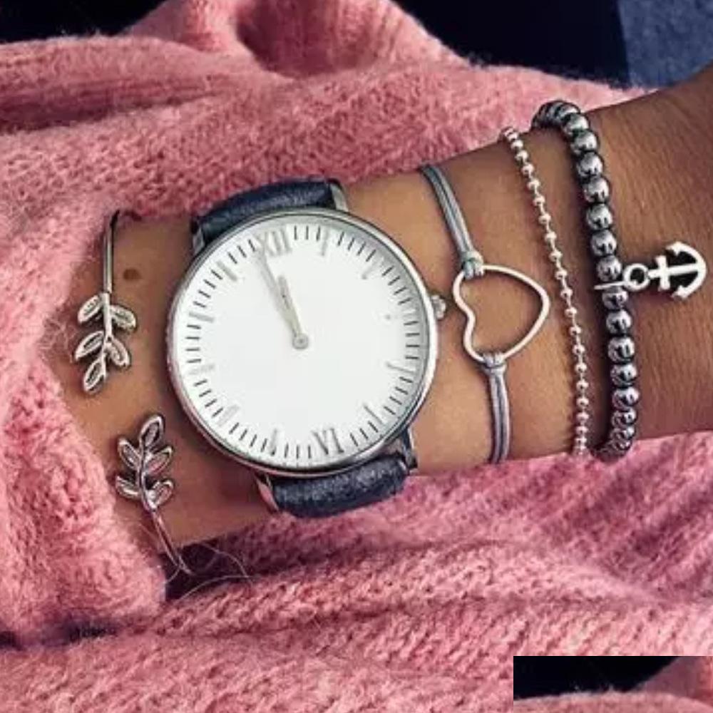 

Charm Bracelets Fashion Jewelry Vintage Bracelet Set Leaf Hollowed Heart Beads Anchor 4Pcs/Set Bracelets Drop Delivery Dh2Wm