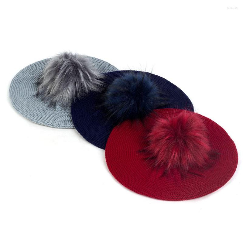 

Berets Geebro Women Winter Warm Solid Color Soft With Faux Fur Pom Hats Slouchy Knitted French Artist Caps Girls Bonnet, Beige16