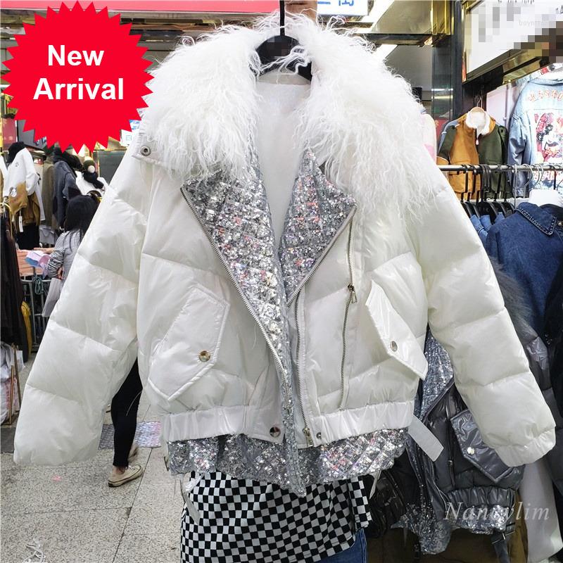 

Women's Down Real Lamb Fur Coat Women Cotton-Padded Sequined Glossy Coats 2022 Winter Loose Thick Warm Outwears Female Clothes, Black