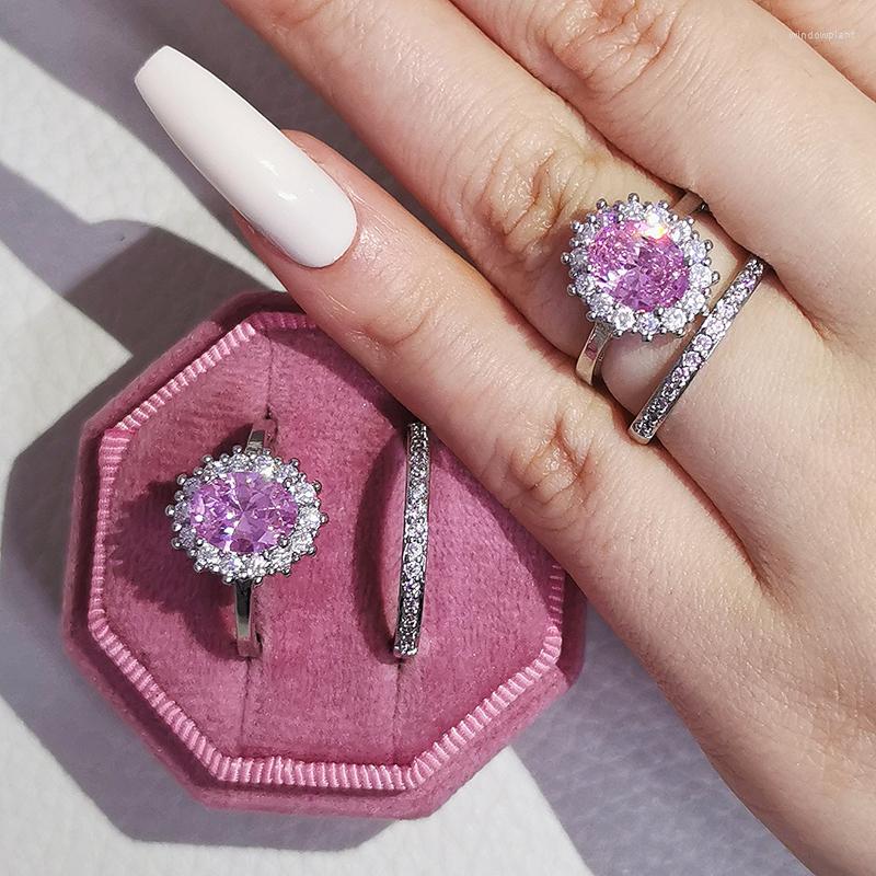 

Cluster Rings Silver Color Bride Oval Wedding Ring Set For Women Engagement Luxury Band Eternity Jewelry Zircona R7012-pink