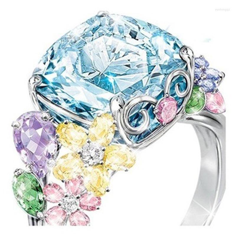 

Wedding Rings Luxury Shining Engagement Ring Of Muti-color Flower CZ Zircon Crystal For Women Girl Party Gifts Anel Bijoux