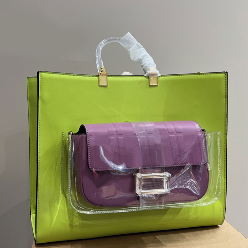 

Tote Beach Bag Crossbody Bag Shoulder Handbag Purse Transparent Handle Removable Baguette Bags Large Women Pocket Detachable Strap Plain Interior Canvas Letters, Green