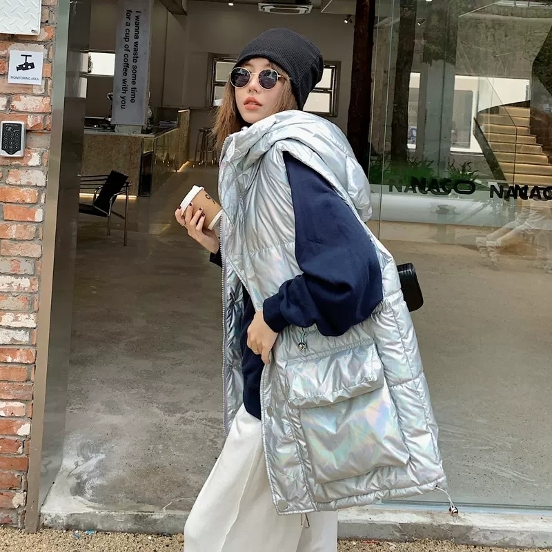 

Women's Vests Sliver Hooded Women's Sleeveless Jacket Zipper Loose Ladies Waistcoat Pockets Casual Winter Female Puffer Vests Fashion 221202, Silver