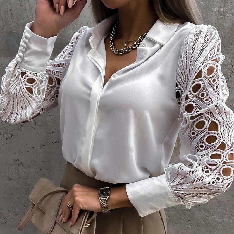 

Women' Blouses Elegant Office Ladies Long Lace Sleeve Casual Shirt Women Fashion Single-Breasted Loose Female Spring Summer Pullover Tops, White