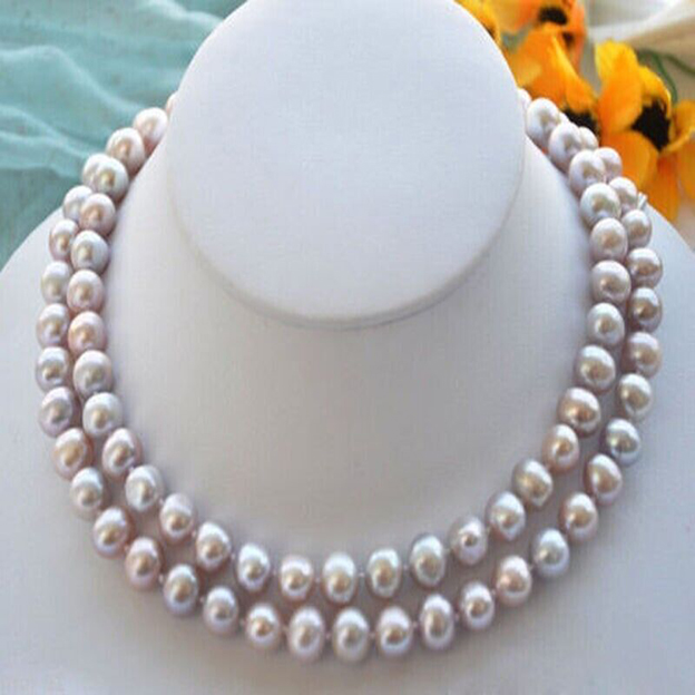 

2 Rows 8-9mm Purple Cultured Pearl Beads Hand Knotted Necklace