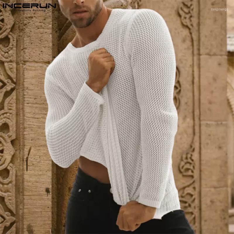 

Men' T Shirts INCERUN 2022 Men Shirt Hollow Out Transparent Streetwear Solid O-neck Long Sleeve Sexy Camisetas Stylish Casual Tee Tops, Beige