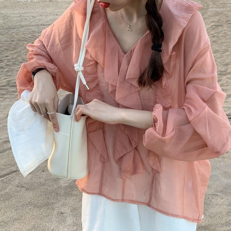 

Women's Blouses Summer Style Long-sleeved V-neck Ruffled Chiffon Shirt Women Korean Loose Blouse 2022, Pink