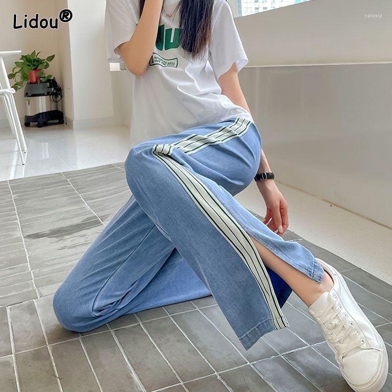 

Women' Jeans Office Lady Pockets Side Stripe Loose Elastic Waist Thin Women' Clothing 2022 Striped Straight Fashion Casual Wild Sporty, Blue