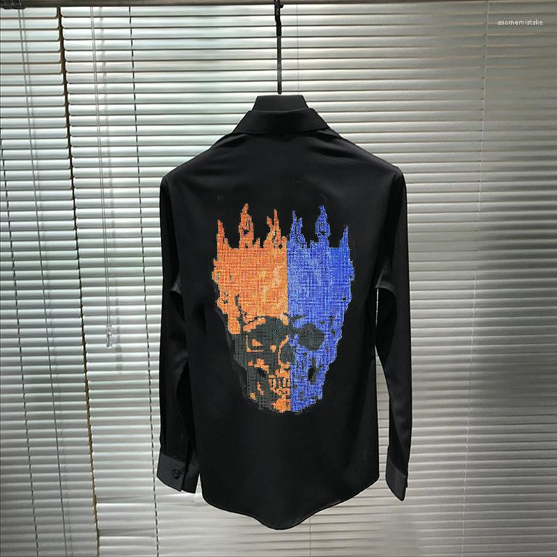 

Men's Casual Shirts Sweat-Absorbent Breathable Men's Shirt Trendy Clothing Skull Drilling Brand Korean Style Slim Fashion Long Sleeves, As shown asian size