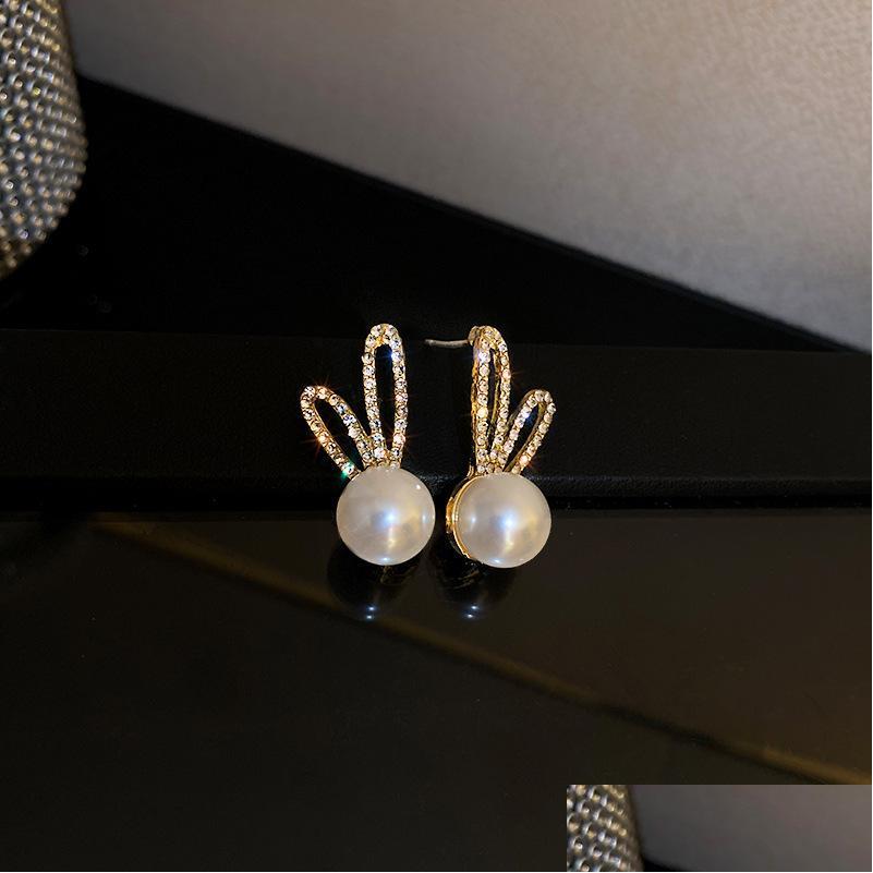 

Stud Fashion Jewelry S925 Sier Post Stud Earrings Faux Pearl Cute Sweet Rhinestone Rabbit Ear Drop Delivery Dhdf4