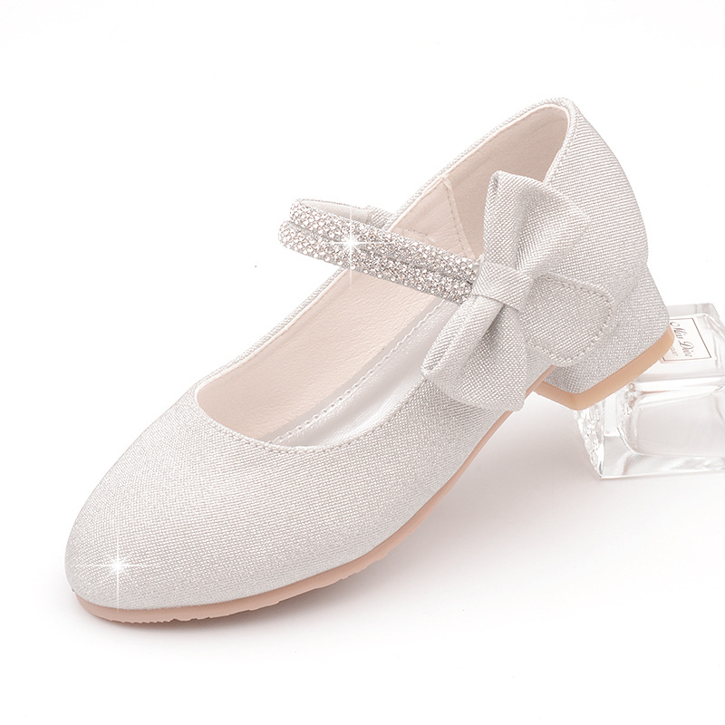 

Children's shoes bow knot spring and autumn girls' high heel princess shoes diamond tide flower gilrs' Kitten heels, Silver