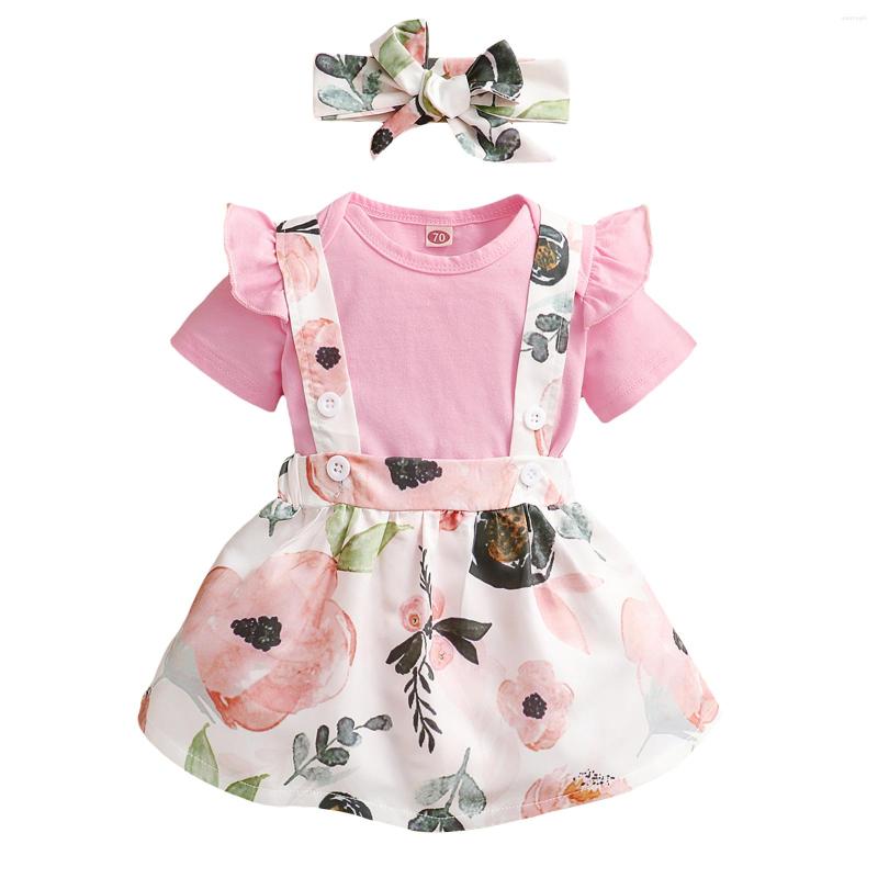 

Clothing Sets 0-24M Cute Born Baby Girl Short Sleeve Cotton Bodysuit Tops Floral Suspender Skirt Headband 3PCS Set, Picture shown