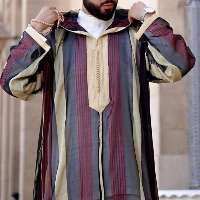 

Men's T Shirts Islamic Kaftan Muslim Robes Men Casual Striped Print Long Sleeve Loose Robe Fashion Patchwork Lapel Arabia Thobe, Yellow
