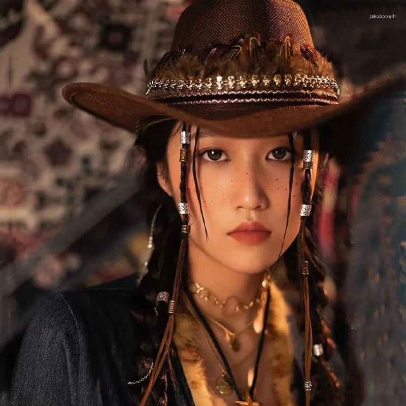 

Berets Retro Feather Leather Band Unisex Women Men /Kid Child Wool Wide Brim Sun Cowboy Western Hat Cowgirl Cap 54-57-61cm, Black