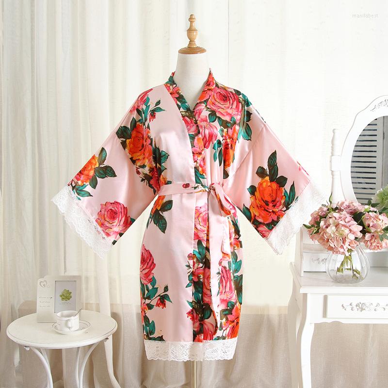 

Women's Sleepwear Lace Trim Flower Print Kimono Robe Ladies Summer Satin Bath Gown Spring Autumn Bathrobe V-Neck Night Dress Lounge, Pink