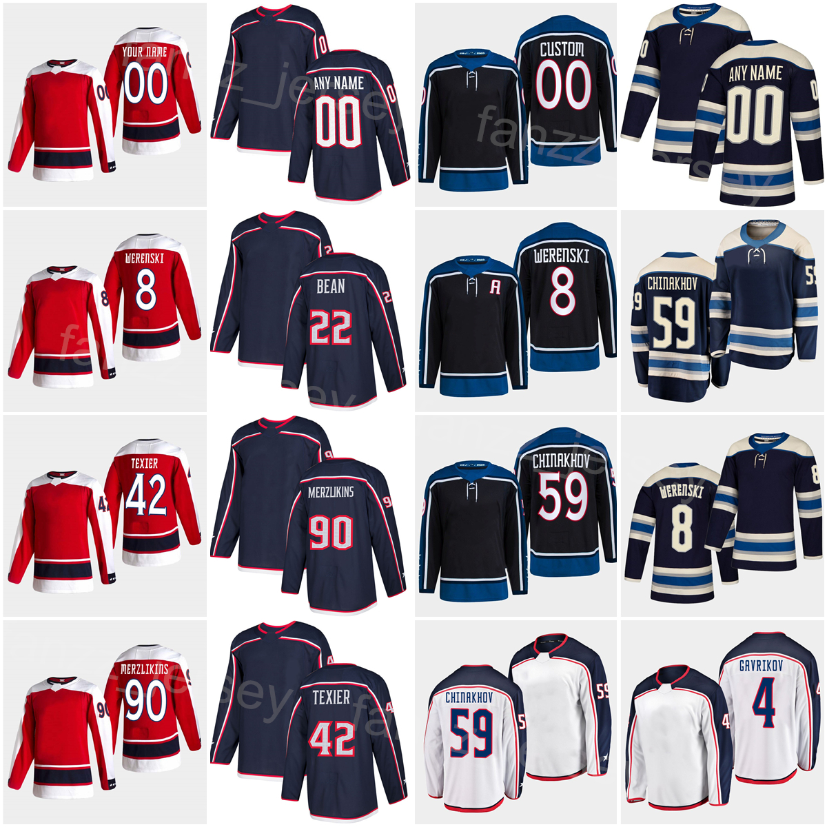 

Reverse Retro Hockey 50 Eric Robinson Jersey 22 Jake Bean 42 Alexandre Texier 90 Elvis Merzlikins 27 Adam Boqvist Yegor Chinakhov Zach Werenski Vladislav Gavrikov, Navy blue