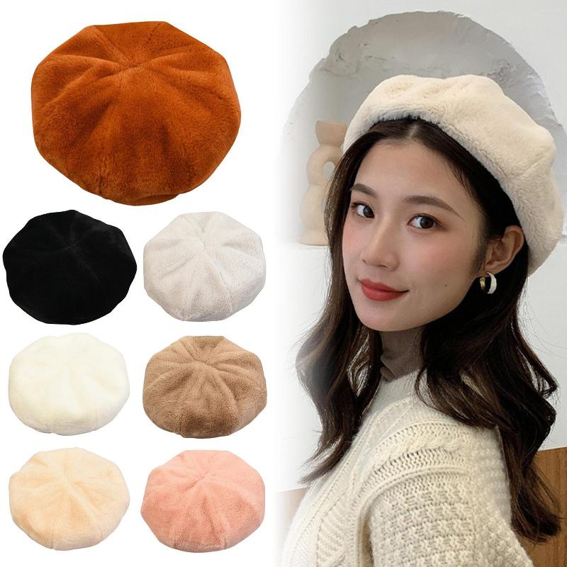 

Berets Woman Fashion Autumn Winter All-Match Warm Beanie Cap Hat Artificial Fur Pink Grey Chic Famale Ladies Travel Walk, Beige