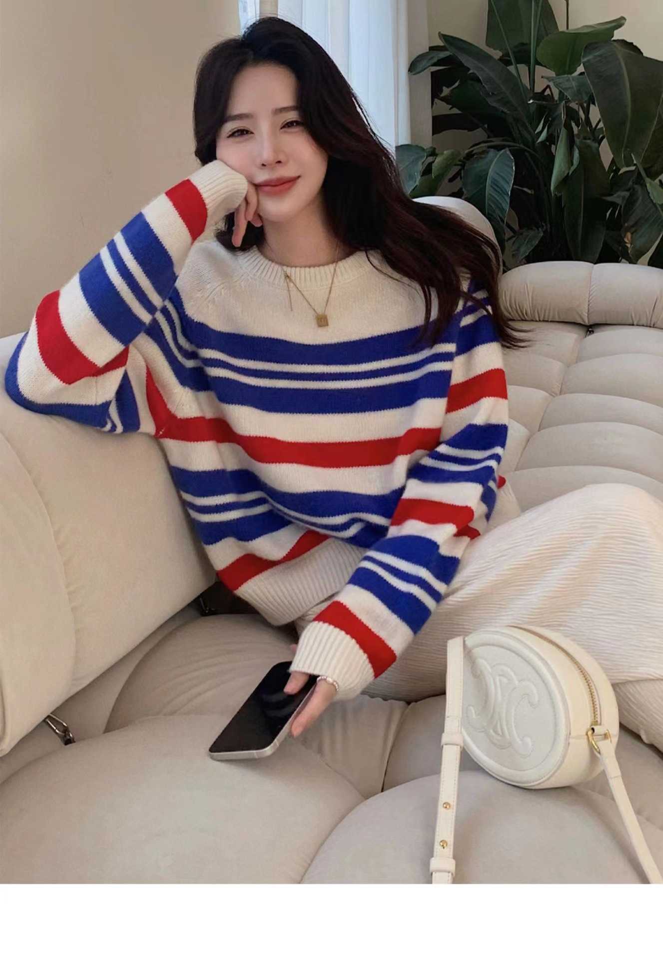 

Women's Jacket Sweater Coat Cell 22FW Celebrity Korean Unique Color Stripe Knitted Autumn Loose Versatile Fashion Pullover FashionE K8Z7, Picture color