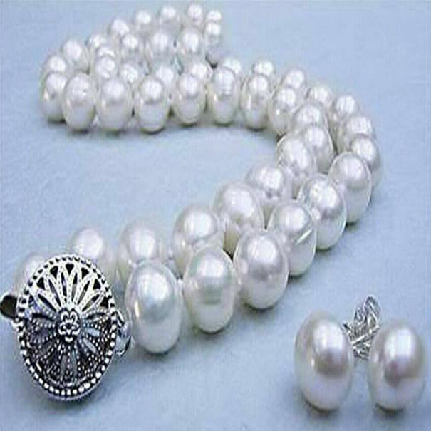 

Fashion Jewelry 10-11MM White Cultured Pearl Necklace Earrings Set 18" AAA