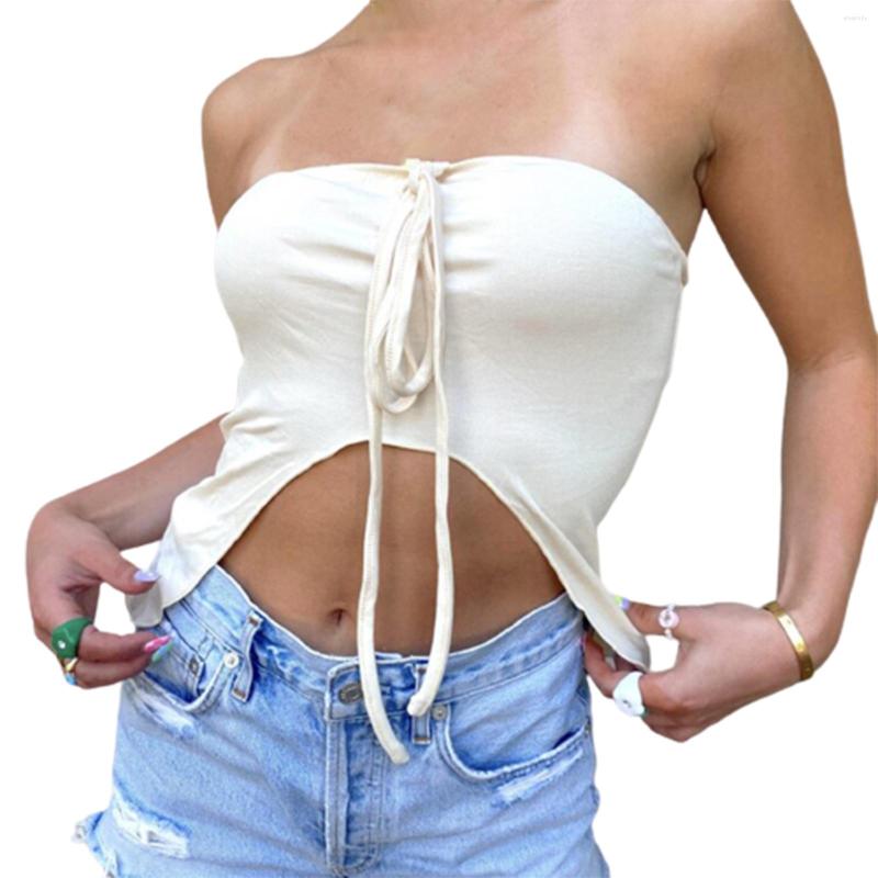 

Women' Tanks 2022 Streetwear Women Off Shoulder Camisole Front Tie-up Asymmetric Cut-out Tube Tops Sleeveless Vest, Apricot