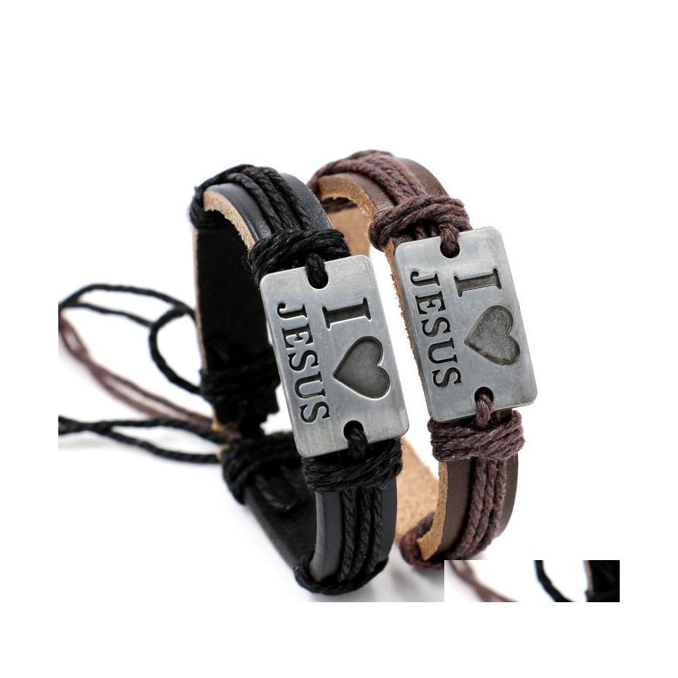 

Charm Bracelets Europe Fashion Jewelry Mens Retro Alloy Iove Jesus Handmade Rope Weave Leather Bracelet Drop Delivery Bracelets Dhjag