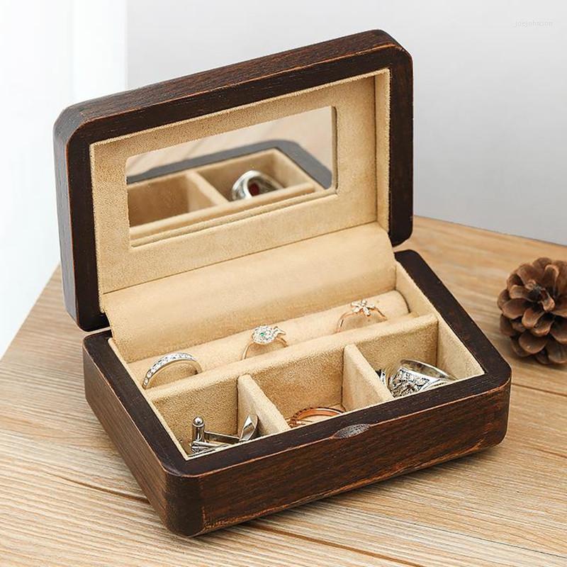 

Jewelry Pouches Travel Mini Wood Wooden Packing Case Wedding Ring Stud Earring Organizer Women Men Display Box Vintage Gift For Her