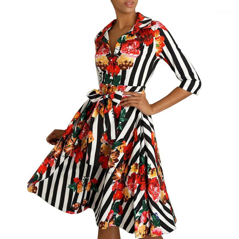 

Casual Dresses Women Floral Maxi 3/4 Sleeve Black White Striped Print Shirt Bohemia Beach Long Dress, Picture shown