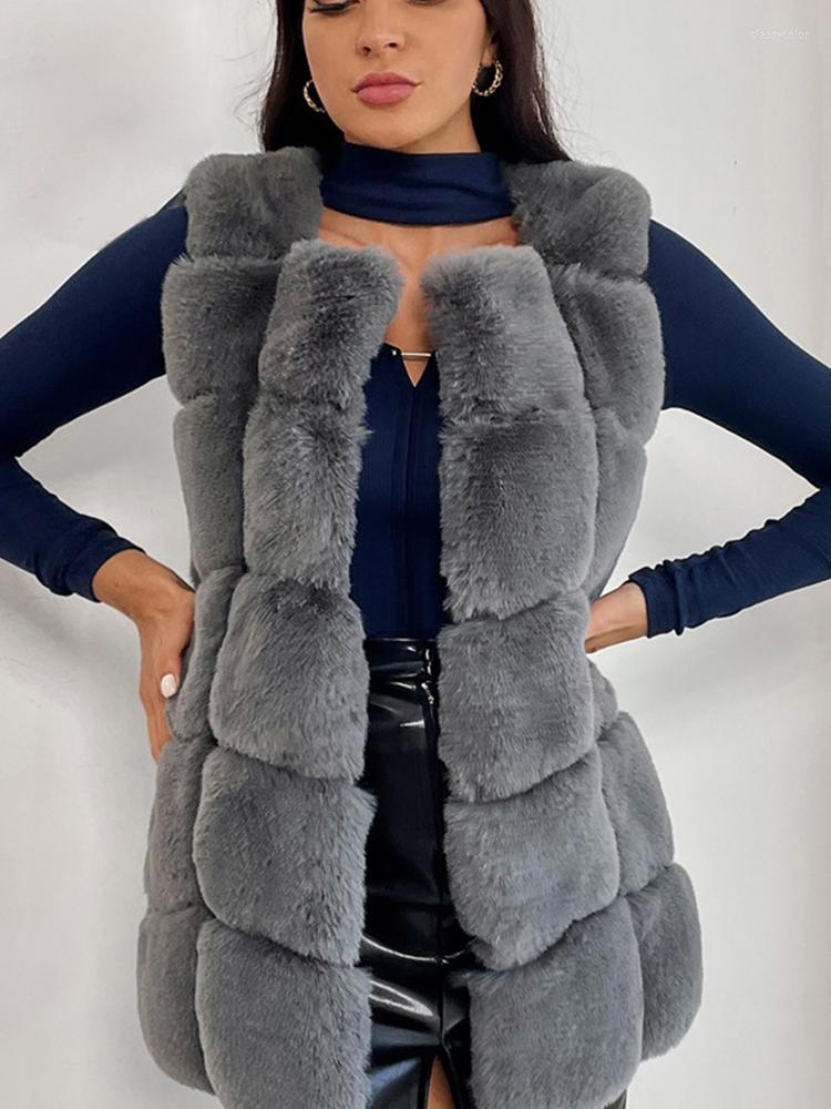 

Women's Vests FMFSSOM Winter Women Faux Fur Coat Fashion Casual Solid V-Neck Patchwork Thick Warm Sleeveless Vest, Gray