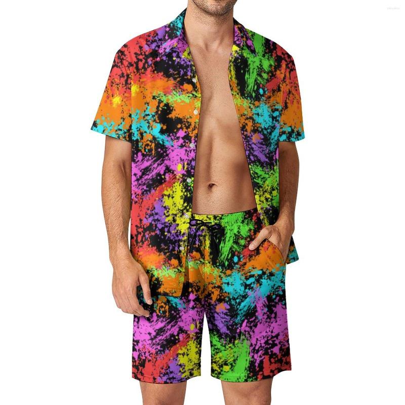 

Men's Tracksuits Retro Paint Splash Vacation Men Sets Colorful Print Casual Shirt Set Summer Shorts 2 Piece Trendy Suit Big Size, Style-8