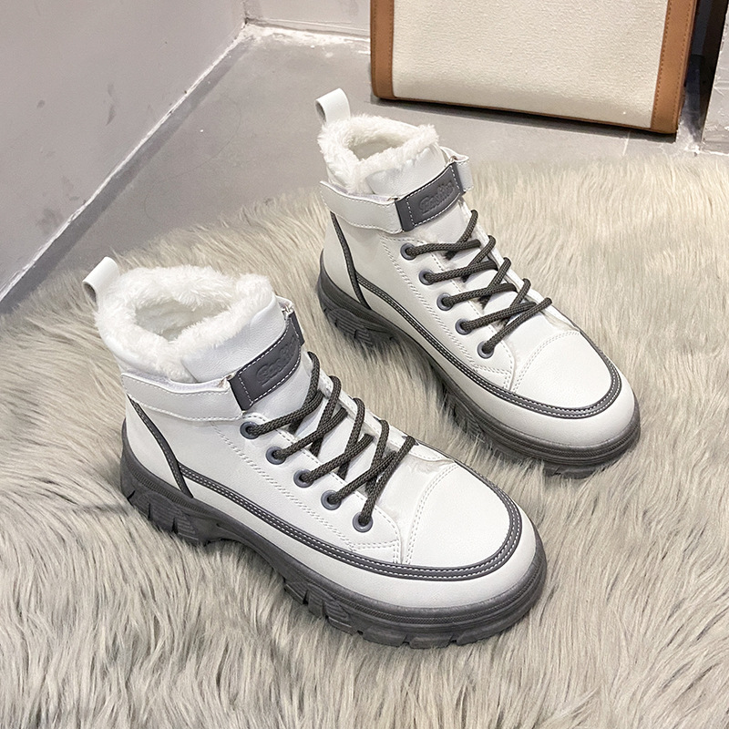 

Snow boots Women's snow boots Women's English style plush thickened soles Autumn and winter new net red fashionable round head short tube women's shoes, White